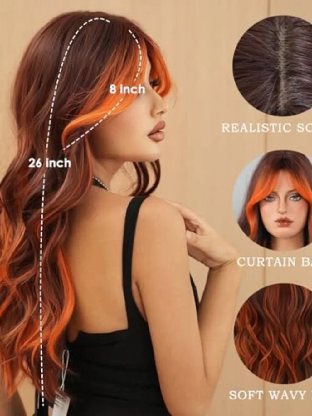 Long Wavy Ombre Orange Brown Wig with Bang 26Inch Bright Ginger Curtain Bangs
